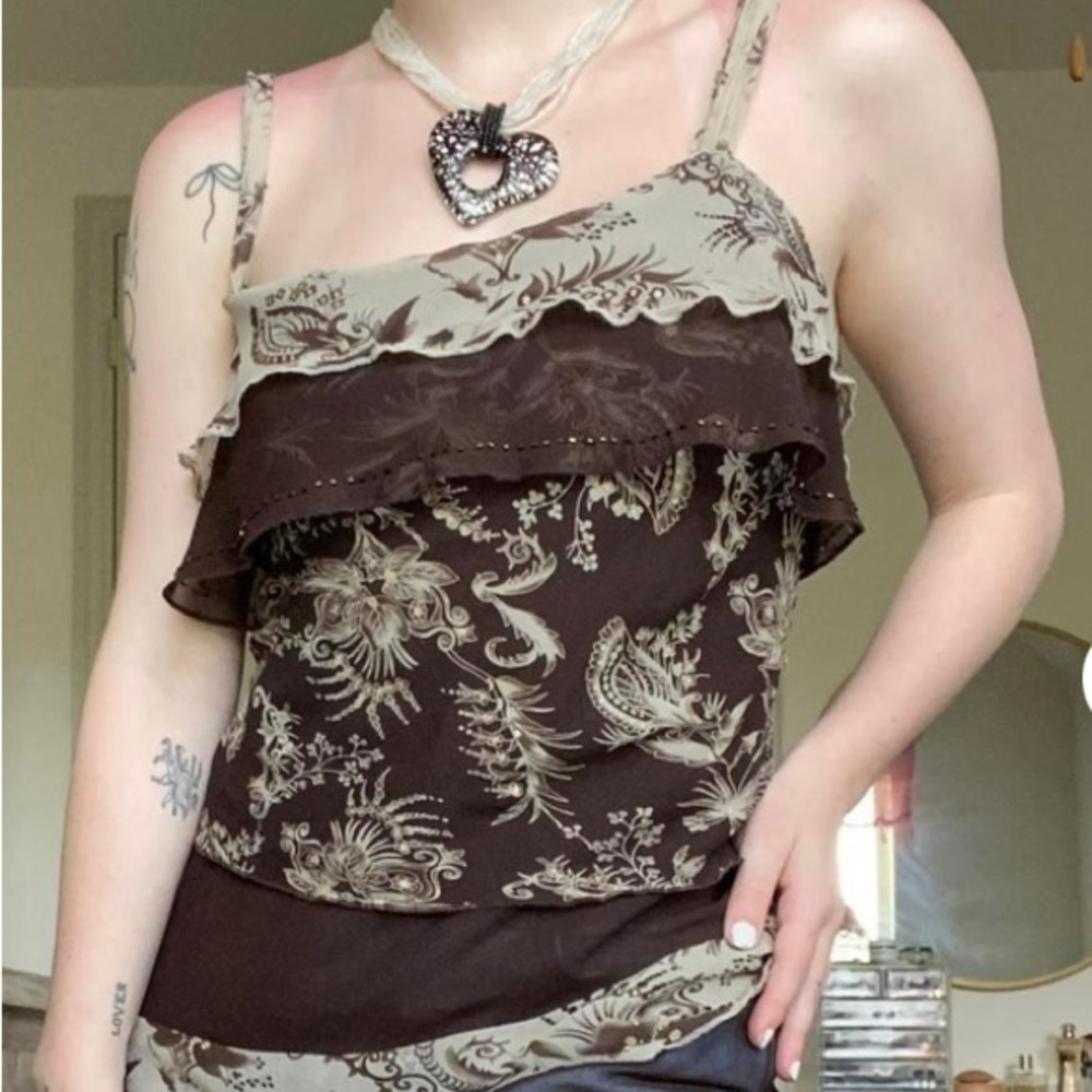 Indie Vintage Brown & Cream Embellished Flowy Cami Tank Top Size L